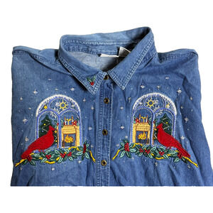 Denim Embroidered Christmas Shirt Cardinal Window Bobbie Brooks 26W 28W Vtg